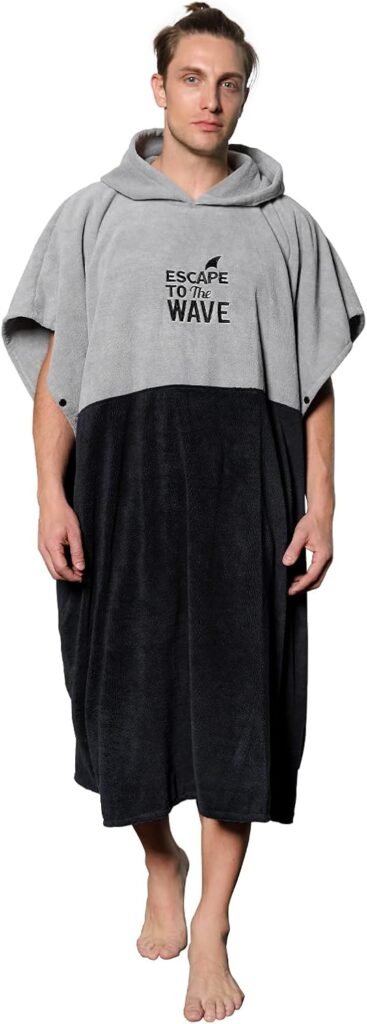 Vulken Extra Grande Gruesa con Capucha Toalla de Playa Cambia el Vestido Surf Poncho Hombre Cambio Microfibra Secado rápido Tela de Toalla para Piscina Lago Parque acuático Gris Negro L/XL